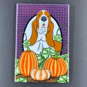 Basset Hound Dog Pumpkin Magnet, Handmade Halloween Pet Portrait Art Decor Gift